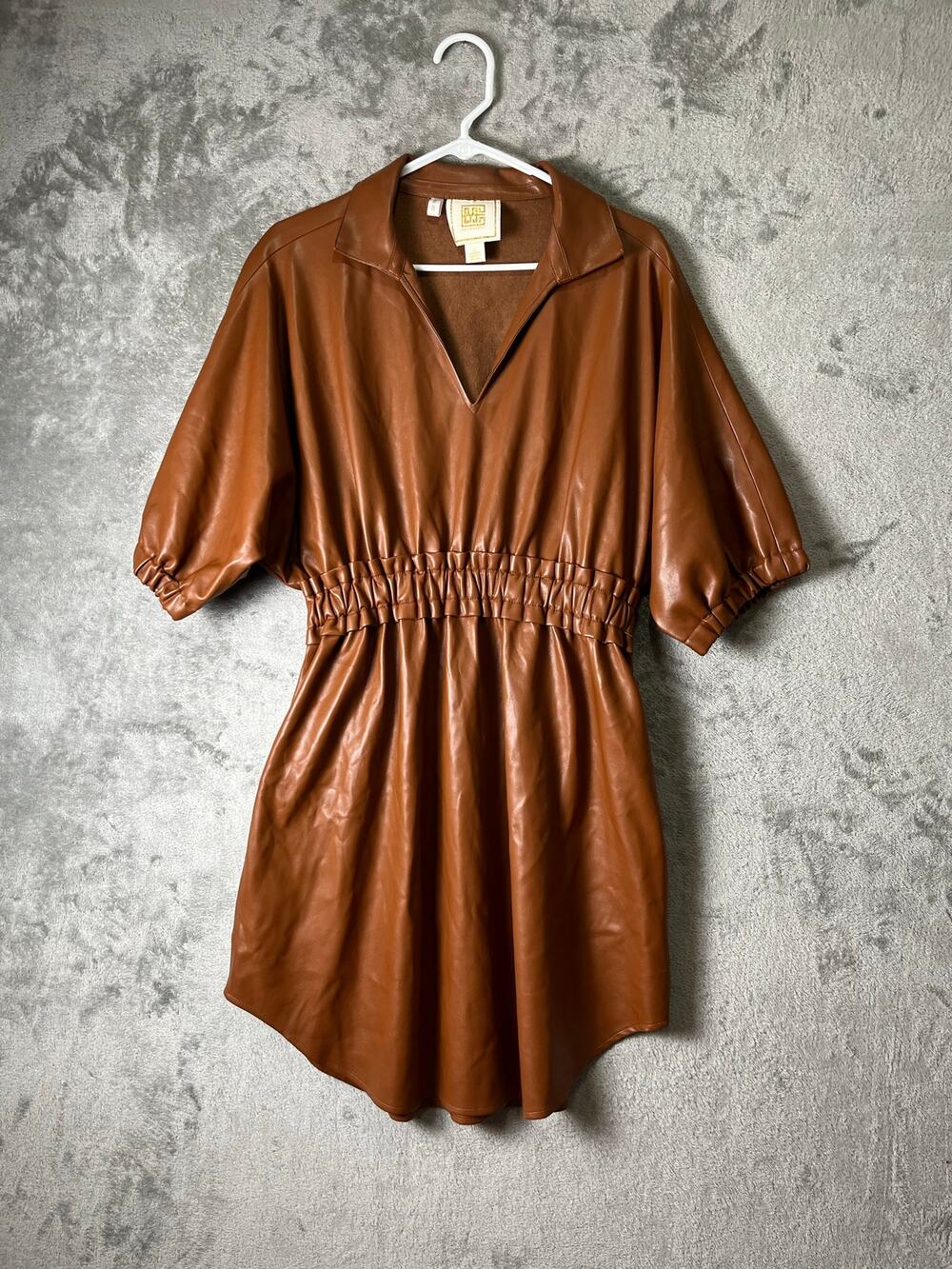 Emily McCarthy Palmer Dress Large Brown Vegan Leather Puff Sleeve Mini Dress